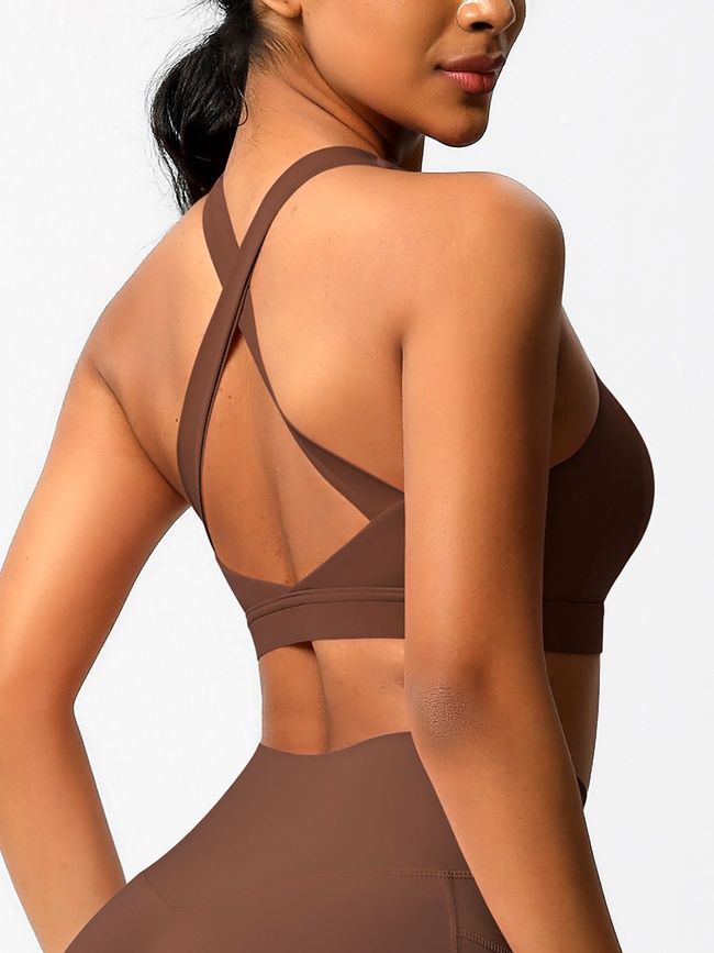 Women's sports top "Basic Fit" with removable push-up cups for fitness, (chocolate), S