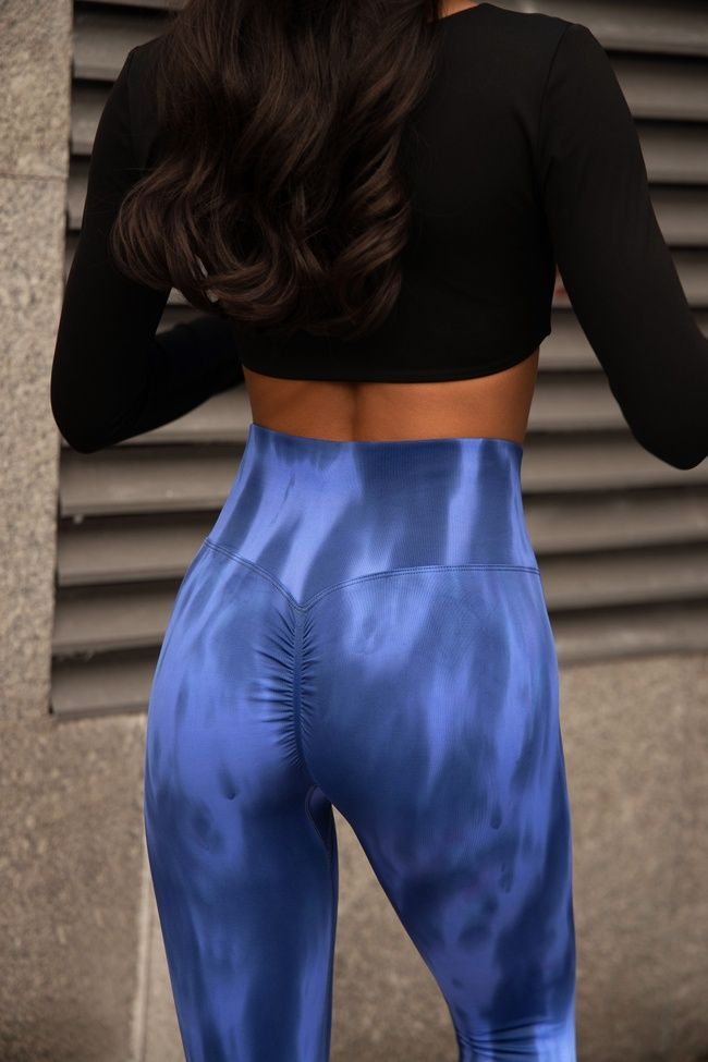 Sports seamless leggings with push-up and V-shaped belt, with fiery gradient, Burn, (dark blue), S