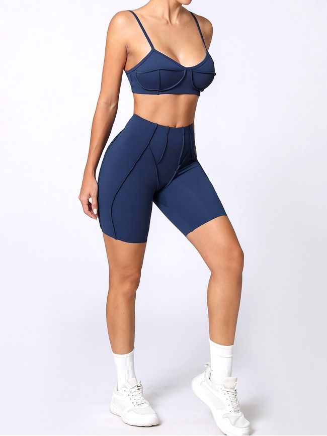 Damski dwuczęściowy komplet sportowy do fitnessu, ze szwami zewnętrznymi, top i szorty, Sculpt Muse, (ciemny niebieski), L