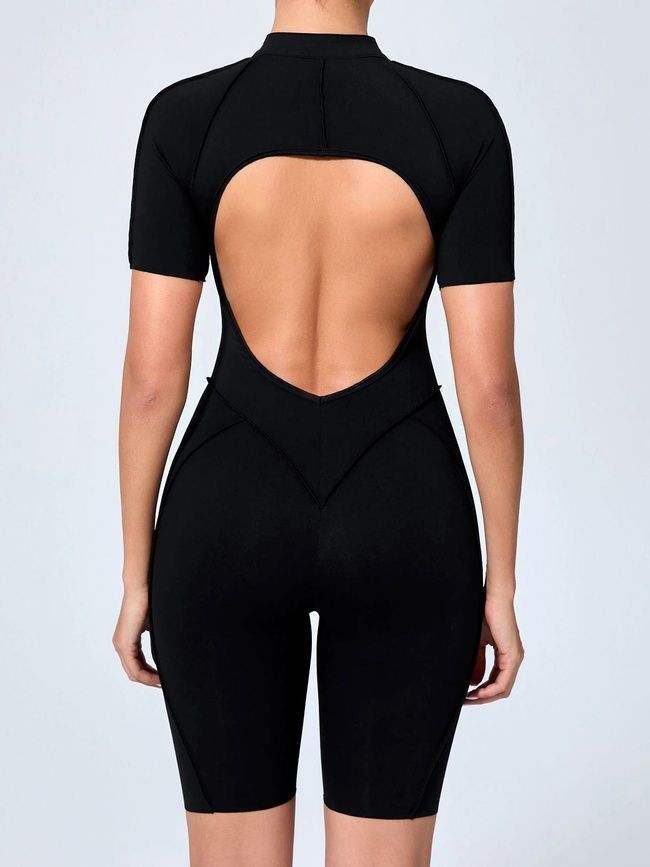 Women's fitness jumpsuit with zipper, open back, and exposed seams, Sculpt Line, (black), S