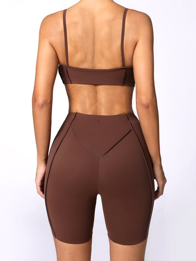 Women&rsquo;s two-piece fitness set with external seams, top and shorts, Sculpt Muse, (chocolate), S