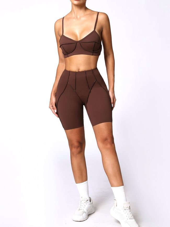 Women&rsquo;s two-piece fitness set with external seams, top and shorts, Sculpt Muse, (chocolate), S
