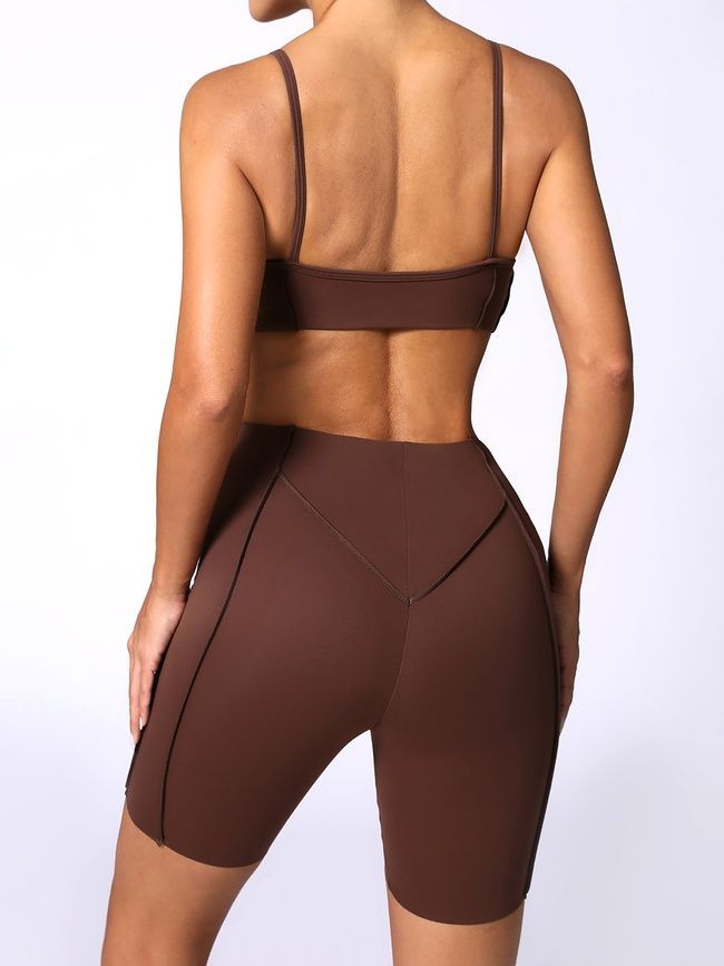Women&rsquo;s two-piece fitness set with external seams, top and shorts, Sculpt Muse, (chocolate), S