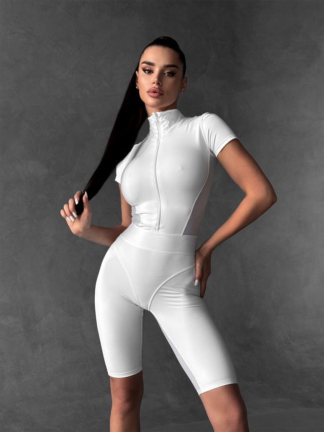 Damski sportowy kombinezon fitness z imitacją bielizny, kr&oacute;tki rękaw i szorty, Phantom Seduce, (biały), S
