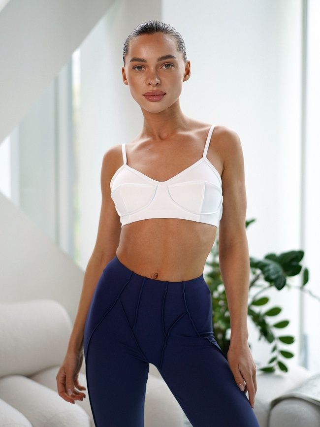 Women&rsquo;s fitness sports set with external seams, top and leggings, Sculpt Set, (white & blue), S