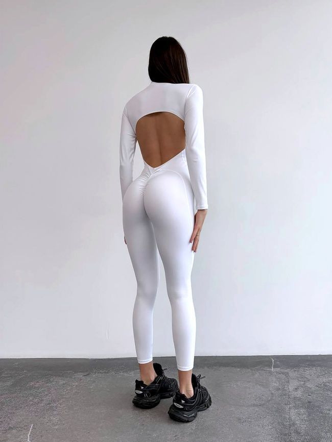 Women&rsquo;s fitness jumpsuit with zipper, long sleeves and leggings, Shadow Form, (white), S