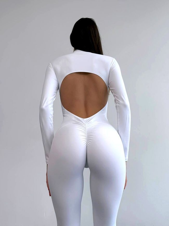 Women&rsquo;s fitness jumpsuit with zipper, long sleeves and leggings, Shadow Form, (white), S