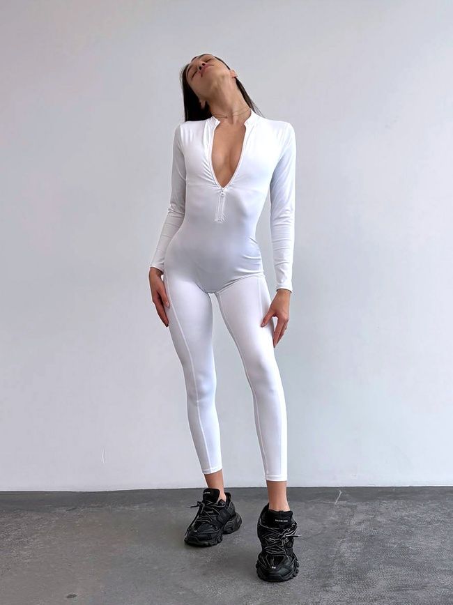 Women&rsquo;s fitness jumpsuit with zipper, long sleeves and leggings, Shadow Form, (white), S