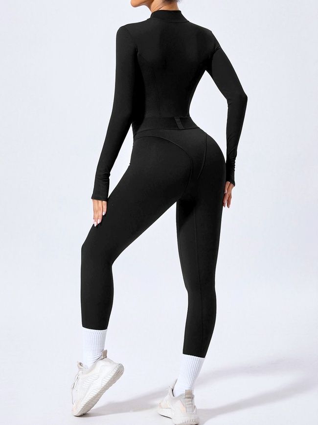 Damski sportowy kombinezon fitness z imitacją bielizny, długim rękawem i legginsami, Phantom Luxe, (czarny), S