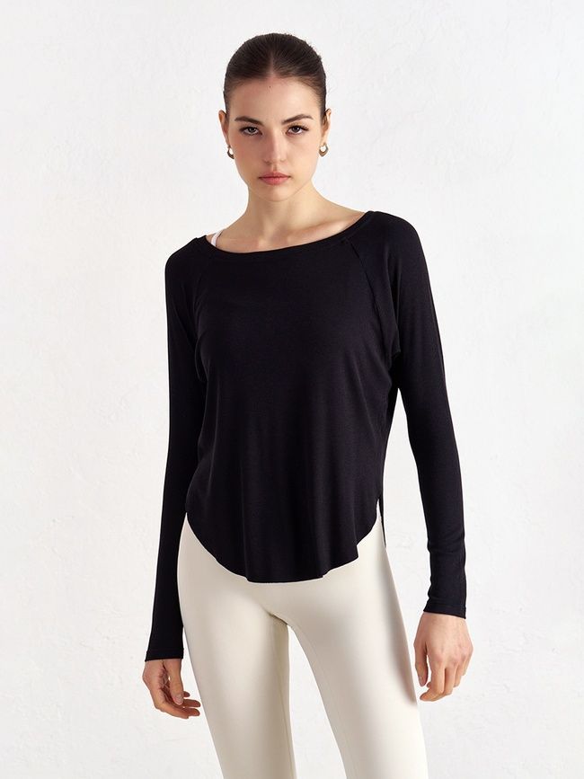 Bluza damska z szerokim dekoltem w szpic, Second Skin, (czarna), S
