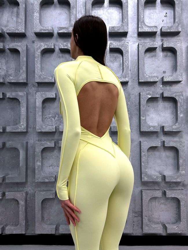Women's long sports fitness jumpsuit with zipper and external seams, Sculpt Prime, (lemon), S