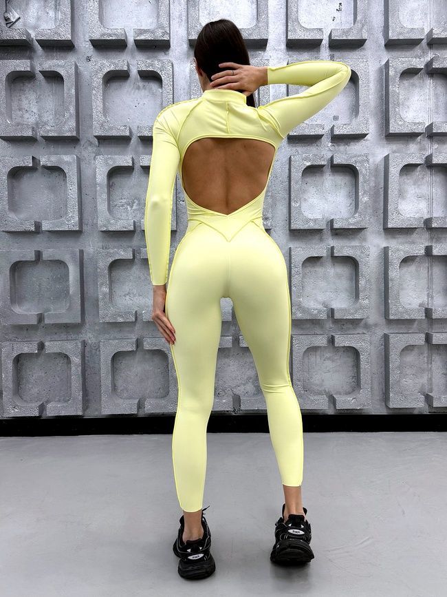 Women's long sports fitness jumpsuit with zipper and external seams, Sculpt Prime, (lemon), S