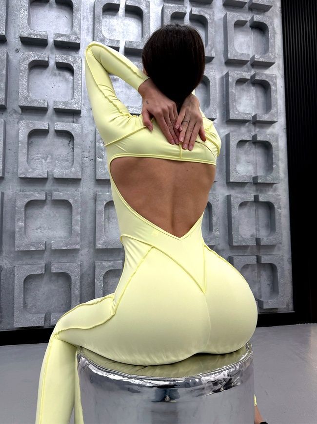Women's long sports fitness jumpsuit with zipper and external seams, Sculpt Prime, (lemon), S