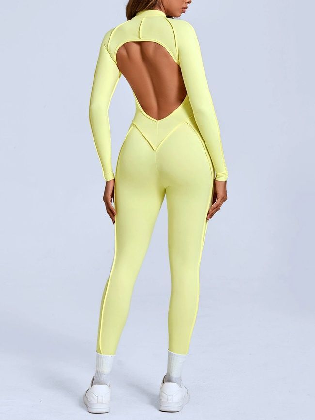 Women's long sports fitness jumpsuit with zipper and external seams, Sculpt Prime, (lemon), S