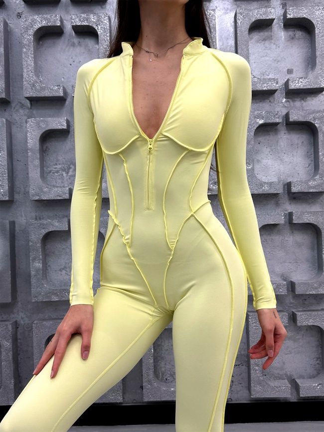 Women's long sports fitness jumpsuit with zipper and external seams, Sculpt Prime, (lemon), S