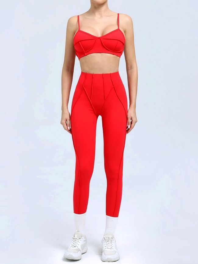 Damskie legginsy sportowe do fitnessu z zewnętrznymi szwami, Sculpt, (czerwony), L
