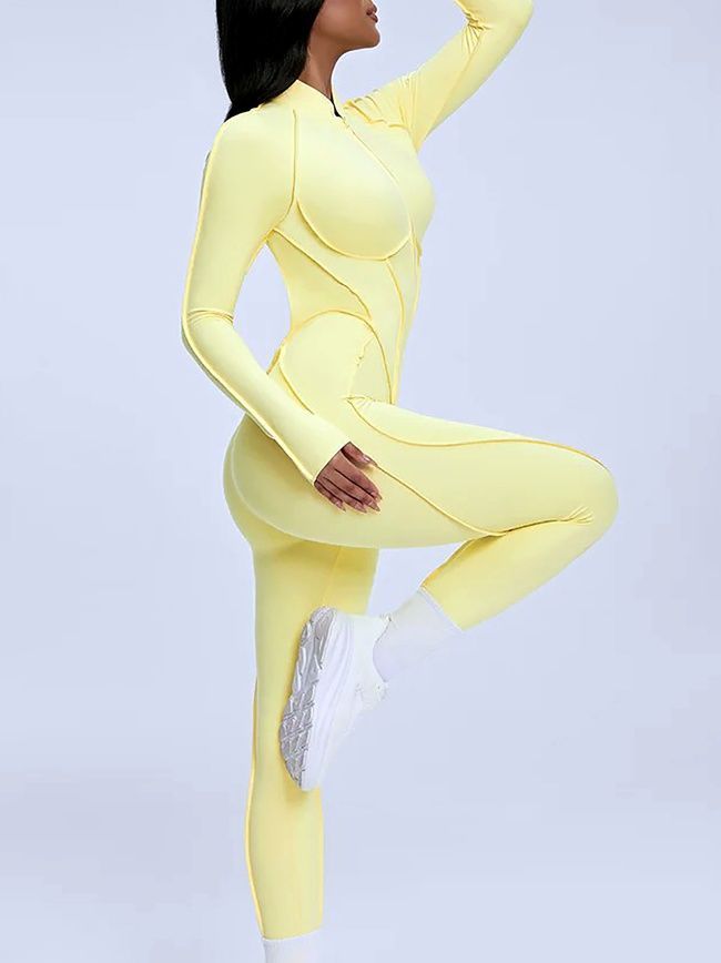 Women's long sports fitness jumpsuit with zipper and external seams, Sculpt Prime, (lemon), S