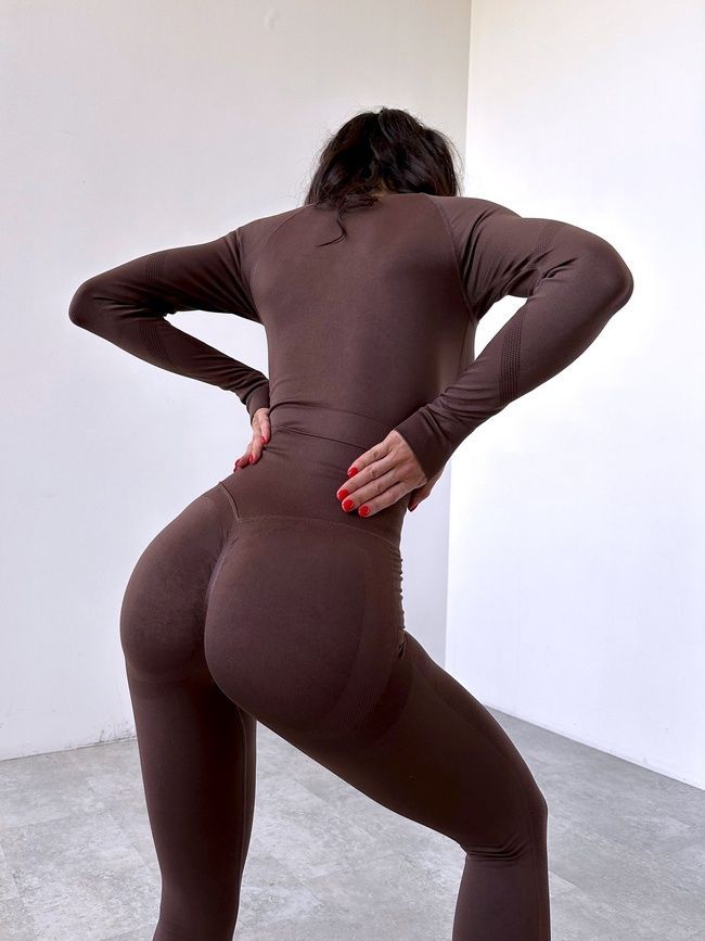 Two-piece sport set: rashguard and leggings with push-up, Classic, (coffee), S