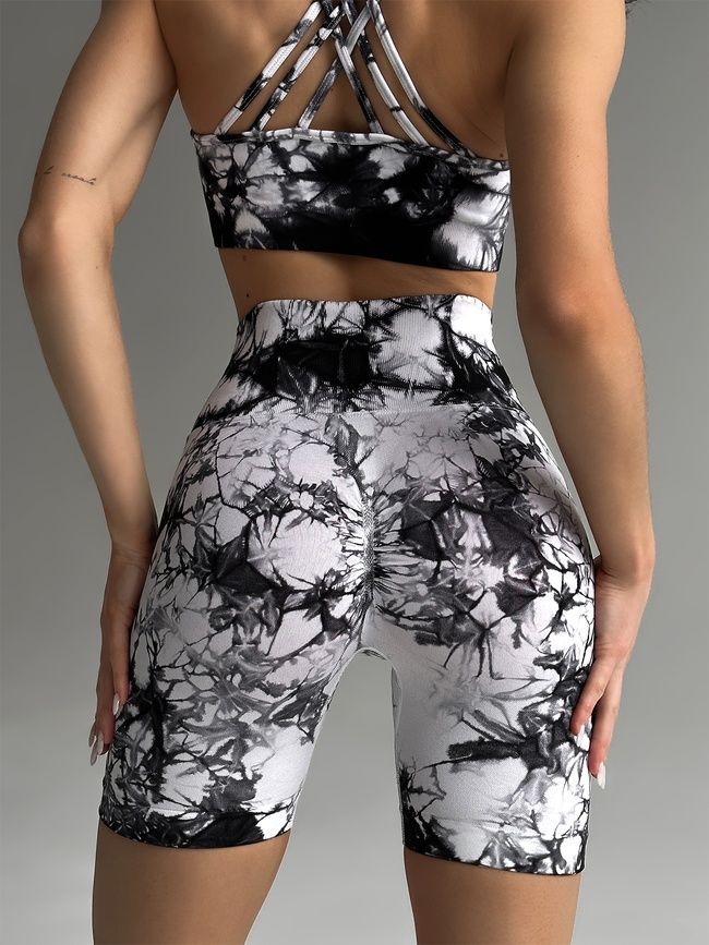 Damskie sportowe szorty z push-up do fitnessu, bezszwowy, Tie-Dye, (biały i czarny), XS