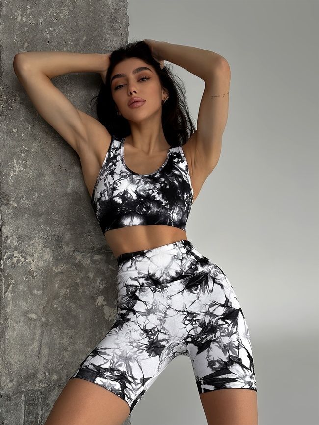 Damskie sportowe szorty z push-up do fitnessu, bezszwowy, Tie-Dye, (biały i czarny), XS