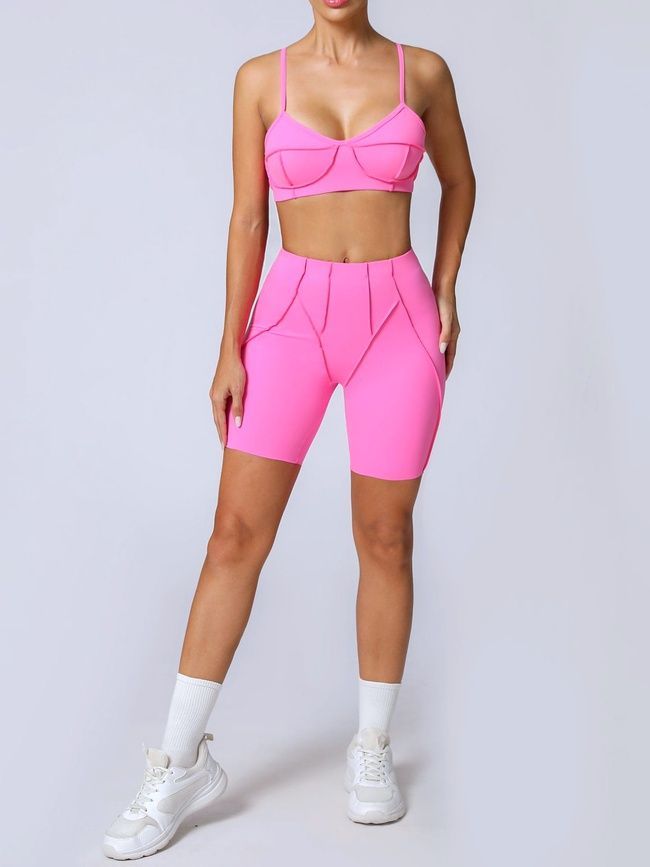 Damski dwuczęściowy komplet sportowy do fitnessu, ze szwami zewnętrznymi, top i szorty, Sculpt Muse, (r&oacute;żowy), L