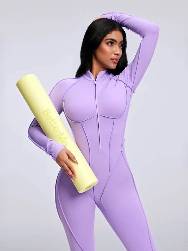 Women's long sports fitness jumpsuit with zipper and external seams, Sculpt Prime, (lavender), S
