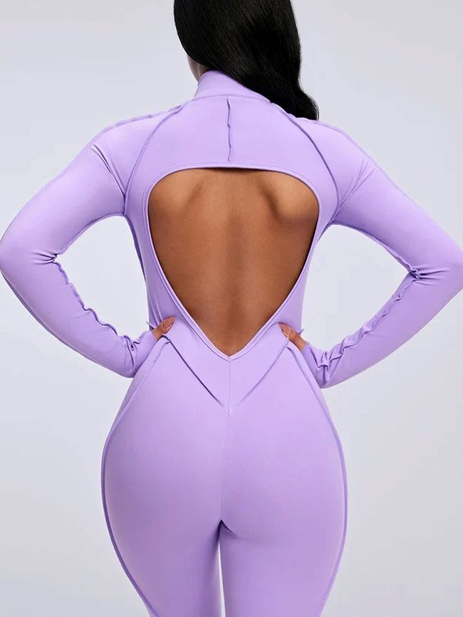Women's long sports fitness jumpsuit with zipper and external seams, Sculpt Prime, (lavender), S