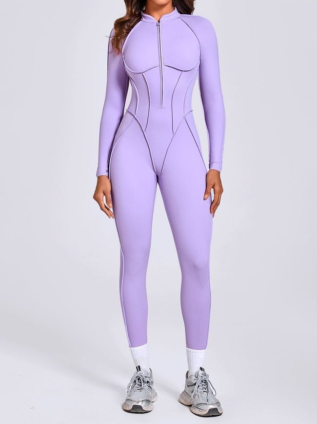 Women's long sports fitness jumpsuit with zipper and external seams, Sculpt Prime, (lavender), S