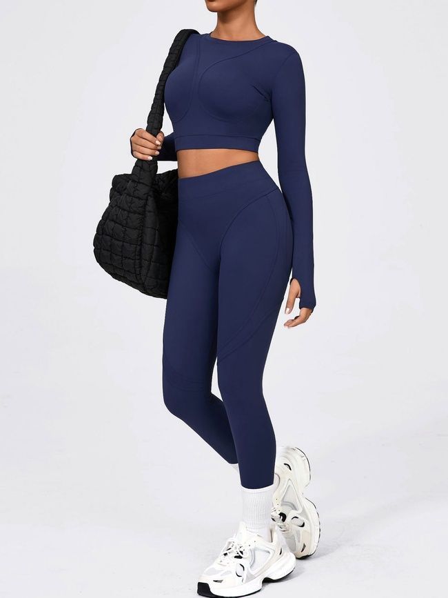 Damski sportowy zestaw do fitnessu z imitacją bielizny, rashguard i legginsy bez push-upu, Crush Armor, (ciemnoniebieski), S