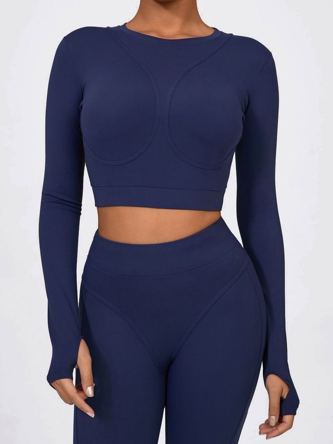 Damski sportowy zestaw do fitnessu z imitacją bielizny, rashguard i legginsy bez push-upu, Crush Armor, (ciemnoniebieski), S