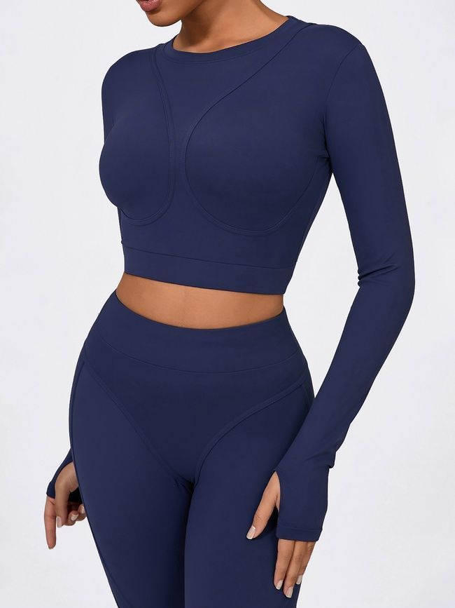 Damski sportowy zestaw do fitnessu z imitacją bielizny, rashguard i legginsy bez push-upu, Crush Armor, (ciemnoniebieski), S