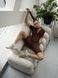 Women's fitness jumpsuit with zipper, open back, and exposed seams, Sculpt Line, (chocolate), S