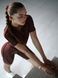 Women's fitness jumpsuit with zipper, open back, and exposed seams, Sculpt Line, (chocolate), S