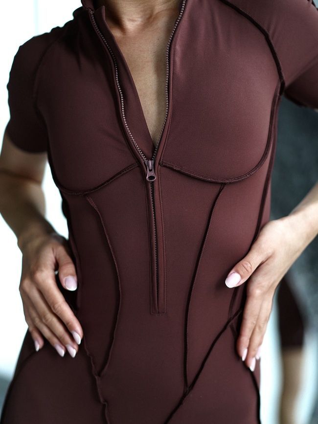 Women's fitness jumpsuit with zipper, open back, and exposed seams, Sculpt Line, (chocolate), S