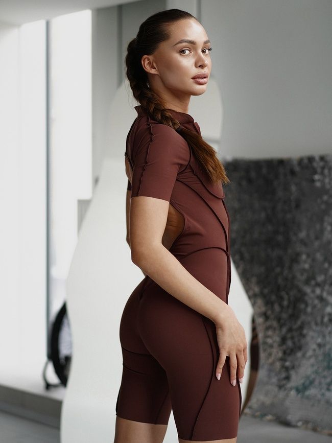 Women's fitness jumpsuit with zipper, open back, and exposed seams, Sculpt Line, (chocolate), S