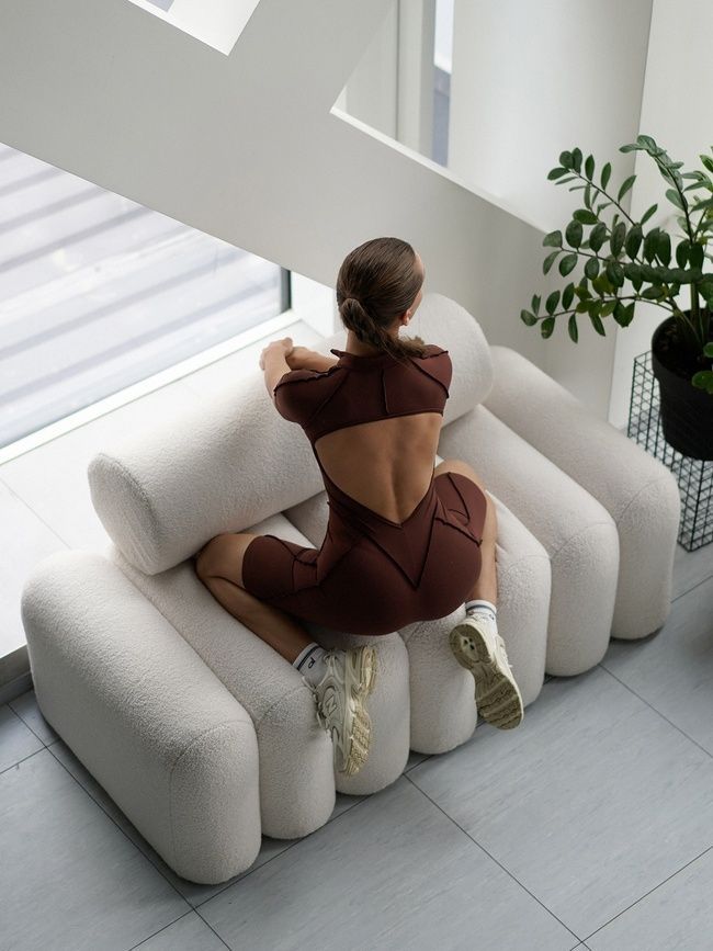 Women's fitness jumpsuit with zipper, open back, and exposed seams, Sculpt Line, (chocolate), S