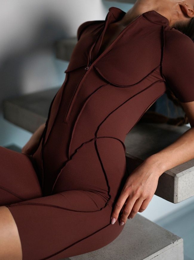 Women's fitness jumpsuit with zipper, open back, and exposed seams, Sculpt Line, (chocolate), S