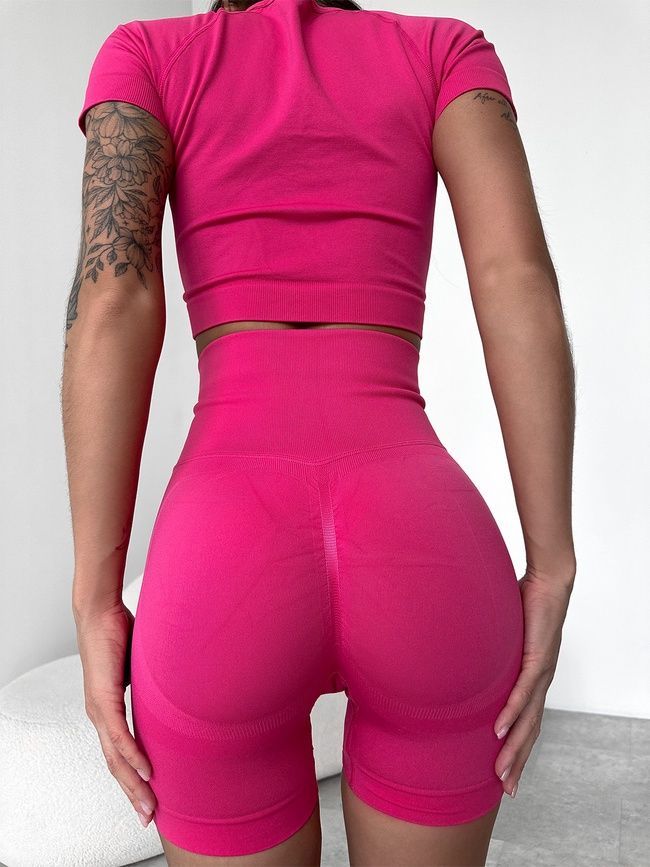 Women's fitness two-piece set - seamless crop-top and shorts with push-up, Classic, (pink), S
