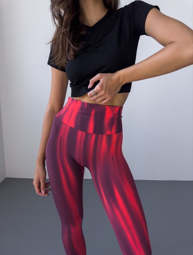 Sportowe legginsy bezszwowe z efektem push-up i paskiem w kształcie V, z ognistym gradientem, Burn, (czerwony), S