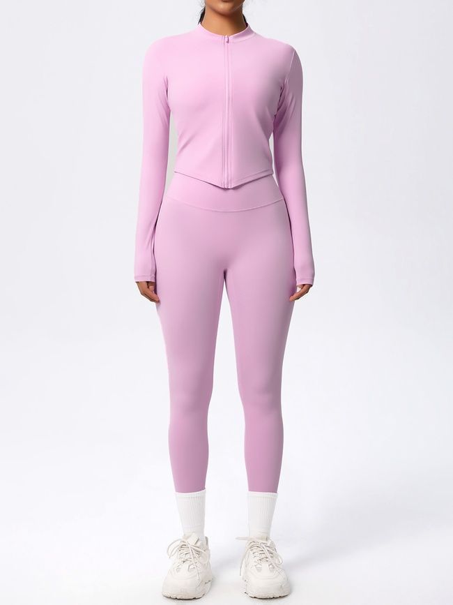 Trzyczęściowy komplet "Basic Fit Long" - legginsy, top, rashguard, damski kostium sportowy do fitnessu, (r&oacute;żowy), S
