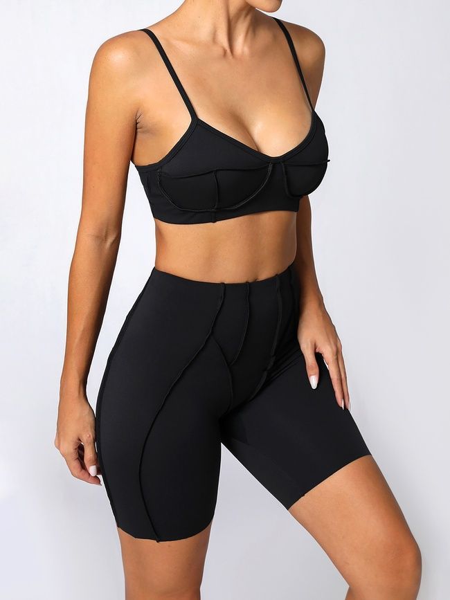 Damski dwuczęściowy komplet sportowy do fitnessu, ze szwami zewnętrznymi, top i szorty, Sculpt Muse, (czarny), S
