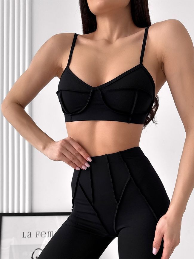 Damski dwuczęściowy komplet sportowy do fitnessu, ze szwami zewnętrznymi, top i szorty, Sculpt Muse, (czarny), S