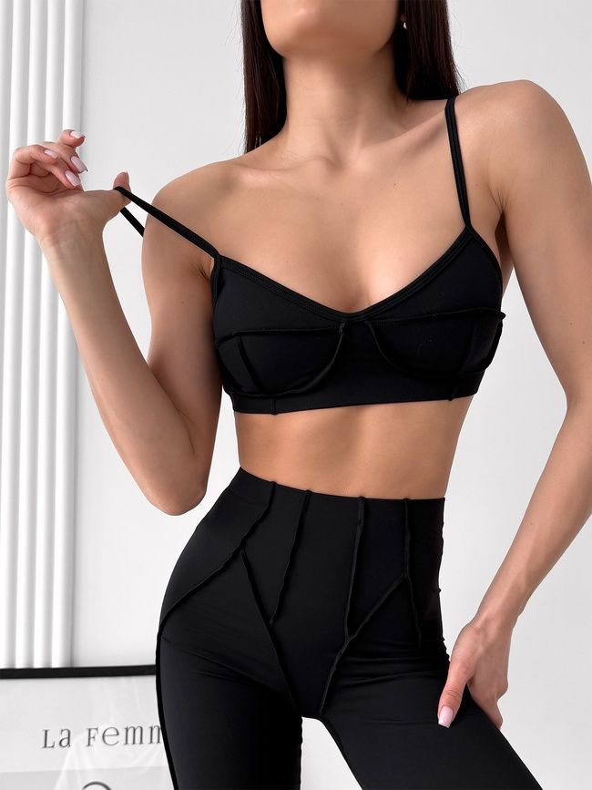 Damski dwuczęściowy komplet sportowy do fitnessu, ze szwami zewnętrznymi, top i szorty, Sculpt Muse, (czarny), S
