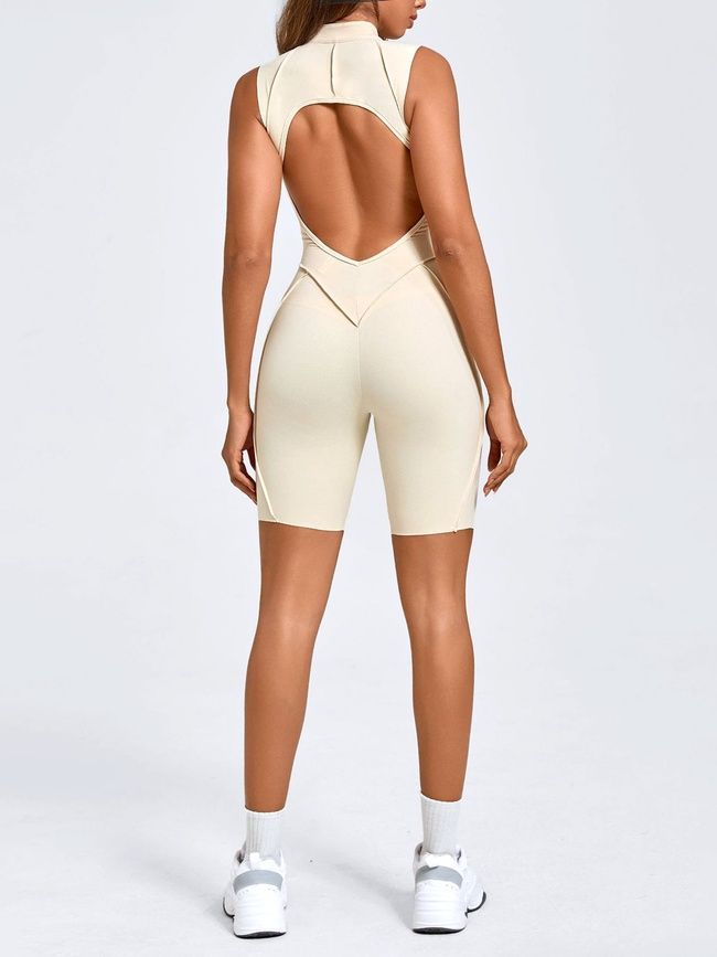 Women's fitness jumpsuit with a zipper, open back and exposed seams, Sculpt Fit, (champagne), S