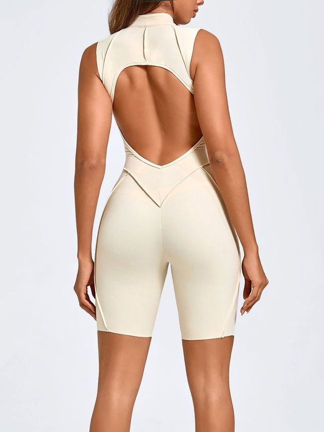 Women's fitness jumpsuit with a zipper, open back and exposed seams, Sculpt Fit, (champagne), S