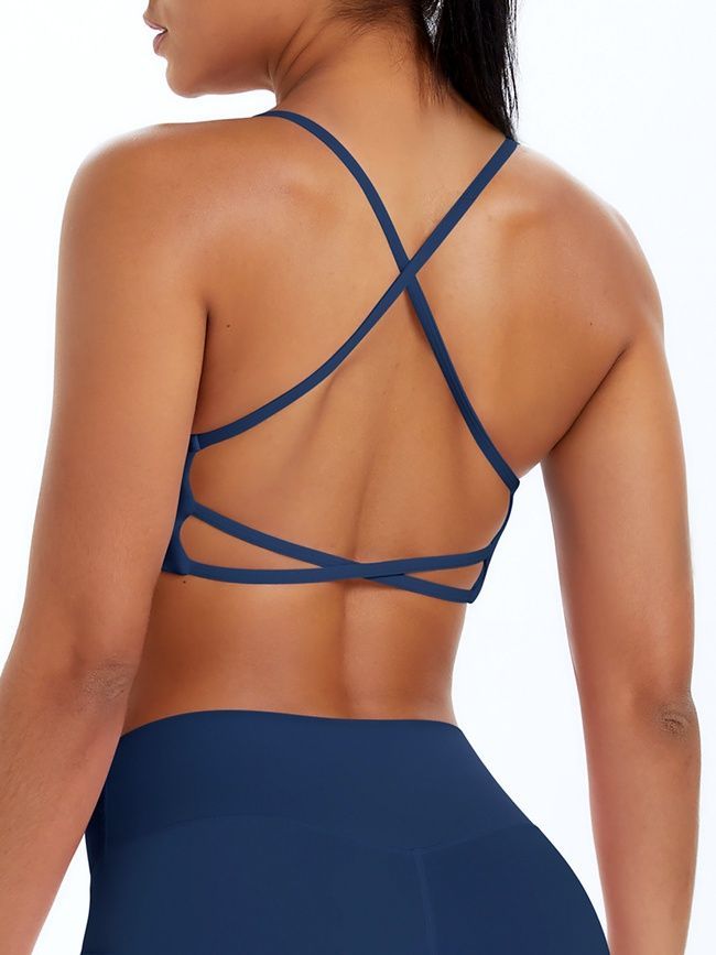 Women's sports top "Basic Cross" with removable push-up cups for fitness, (dark blue), S