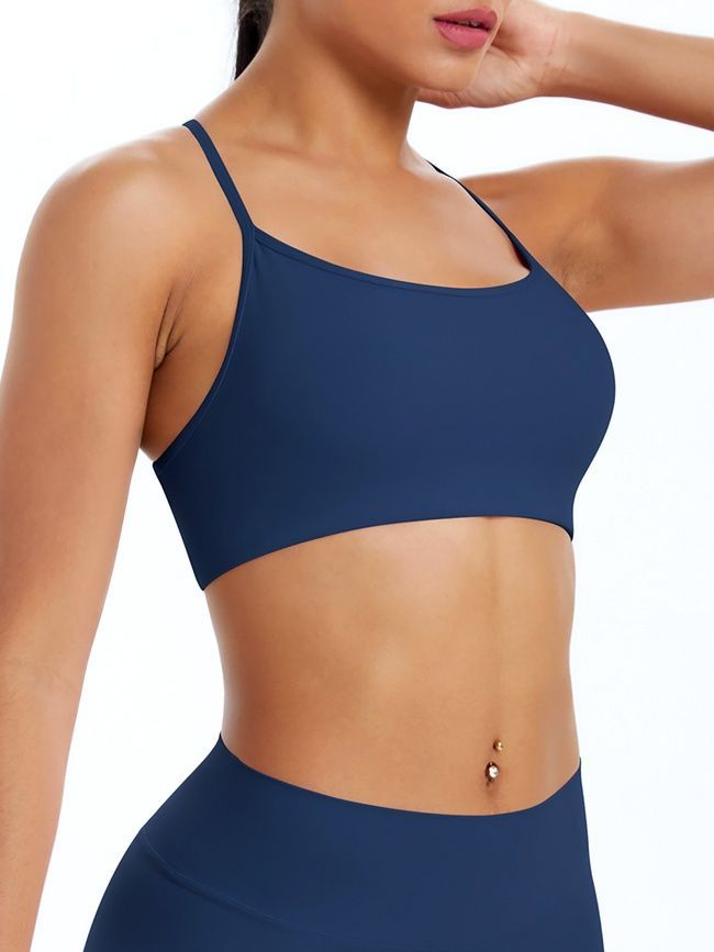 Women's sports top "Basic Cross" with removable push-up cups for fitness, (dark blue), S