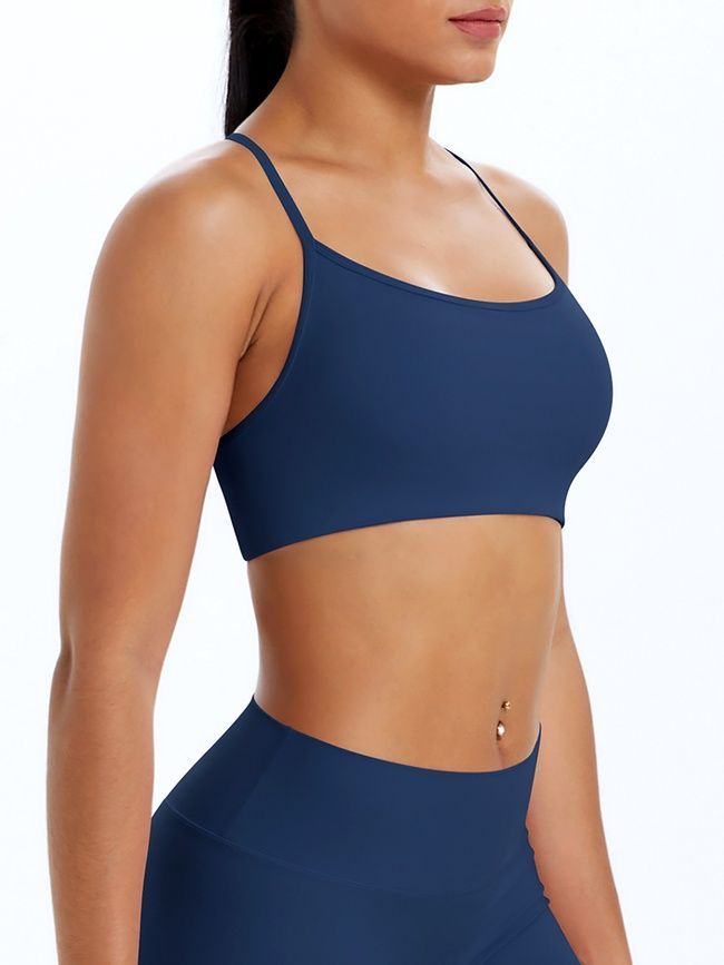 Women's sports top "Basic Cross" with removable push-up cups for fitness, (dark blue), S