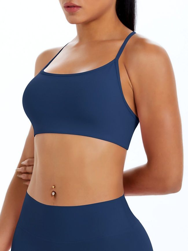 Women's sports top "Basic Cross" with removable push-up cups for fitness, (dark blue), S