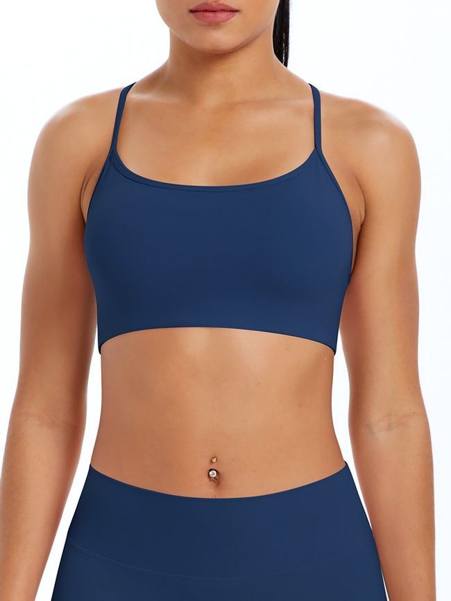 Women's sports top "Basic Cross" with removable push-up cups for fitness, (dark blue), S